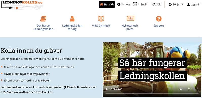 Skärmdump av Ledningskollen.se:s startsida